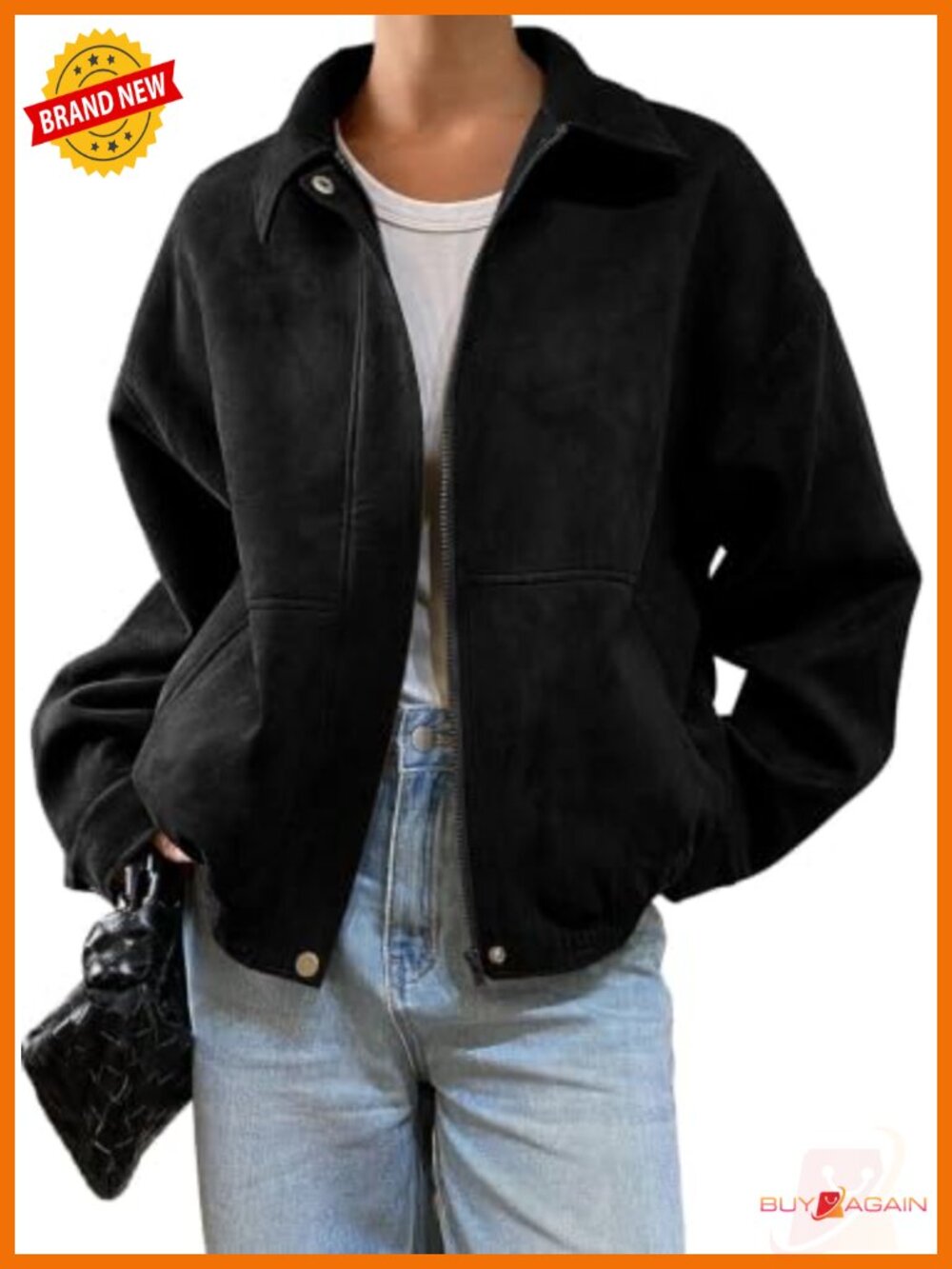 Faux Suede Bomber Jacket Oversized Zip Up Cropped Coat